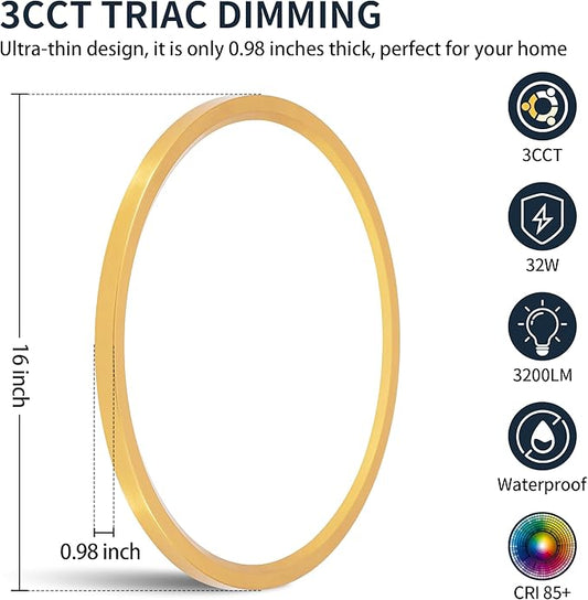 MOONSEA 16 Inch Flush Mount LED Ceiling Light Fixture 32W, 3200LM Dimmable 3000K/4000K/6500K 3 Color Selectable, Low Profile Ceiling Lamp for Kitchen Bedroom Hallway, Gold