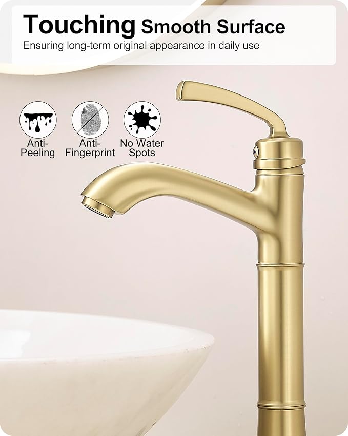 Brass Gold Vessel Sink Faucet, Tall Single Hole Bathroom Faucet for Vessel Sink Single Handle with Pop-Up Drain & Pre-Installed Hoses