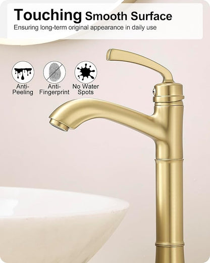 Brass Gold Vessel Sink Faucet, Tall Single Hole Bathroom Faucet for Vessel Sink Single Handle with Pop-Up Drain & Pre-Installed Hoses
