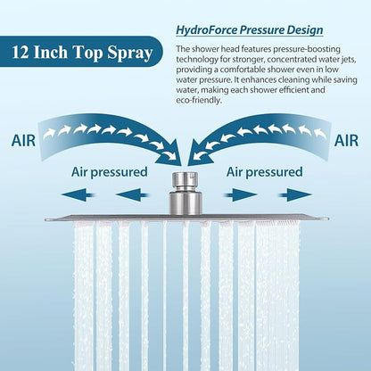 Brushed Nickel Square Rainfall Shower Head Set with Handheld & Faucet, 12" | Wall Mounted Bathroom Shower Faucet, 12 Inch Square Head, With Shower Valve, Rustproof Brushed Nickel, High Pressure Raindrop