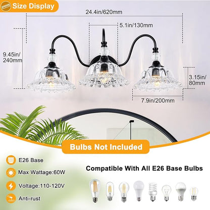 Vintage Bathroom Vanity Light Fixtures 3 Lights Matte Black Vanity Lights for Bathroom with Floral Crystal Glass Shades Wall Lighting Fixtures Over Mirror(Exclude E26 Bulb)