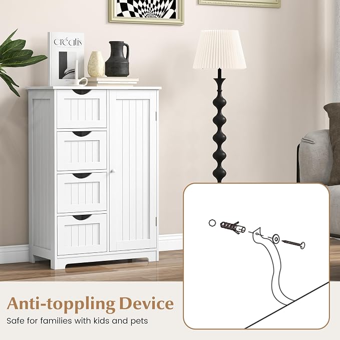 Giantex Bathroom Storage Cabinet with Drawers - 4 Drawer Storage Organizer w/Cupboard, Adjustable Shelf, Anti-Toppling Device, Entryway Storage Unit Console Table, Bathroom Floor Cabinet (White)