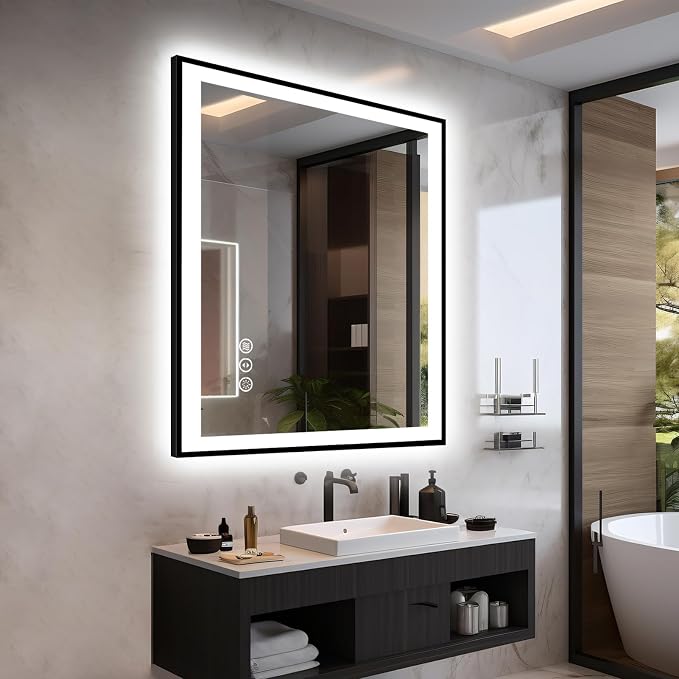EchosLife 32x36 LED Bathroom Mirror - Black Border | Black Frame, Front and Backlit, Anti-Fog, Stepless Dimmable, 3 Colors, Memory, Tempered Glass, UL Listed, Horizontal/Vertical