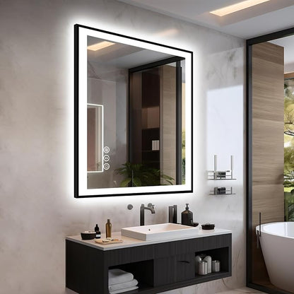 EchosLife 32x36 LED Bathroom Mirror - Black Border | Black Frame, Front and Backlit, Anti-Fog, Stepless Dimmable, 3 Colors, Memory, Tempered Glass, UL Listed, Horizontal/Vertical