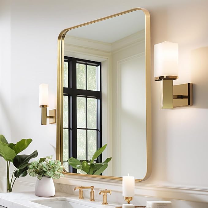 Anpark Wall Mirror 24" x 36" Gold Metal Deep Frame Mirror for Wall Decorative Rectangular Round Corner Wall Mounted Vanity Mirror for Bathroom Living Room Bedroom Entryway Wall Decor