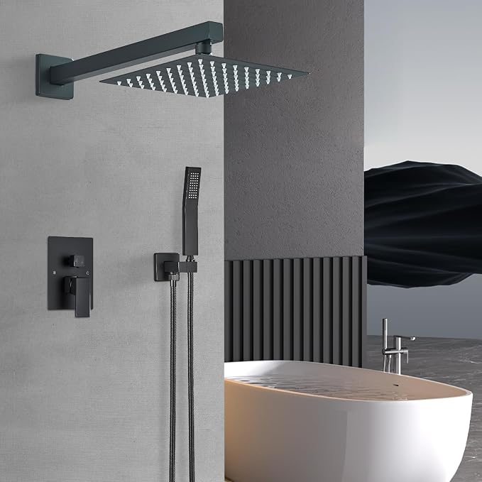 Shower Faucet Matte Black Shower System with 8 Inches Rain Shower Head and Handheld Spray Bathroom Luxury Rain Shower Faucet Set Complete Wall Mounted