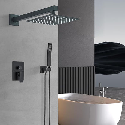Shower Faucet Matte Black Shower System with 8 Inches Rain Shower Head and Handheld Spray Bathroom Luxury Rain Shower Faucet Set Complete Wall Mounted