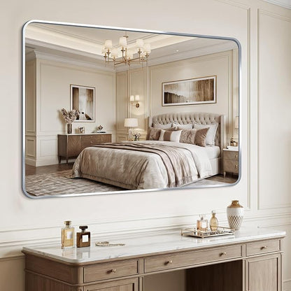 Bathroom Mirror for Wall, 30"x48" Black Bathroom Mirror for Over Sink, Shatterproof Tempered Glass Vanity Mirror with Anti-Rust Aluminum Alloy Frame, Hang Horizontally or Vertically, Silver