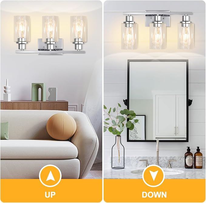 3 Light Vanity Light Fixtures, Polished Chrome Bathroom Wall Sconces, Modern Wall Lights with Clear Glass Shades, Bathroom Wall Lamp over Mirror Kitchen Bedroom Living Room Hallway Cabinet Porch