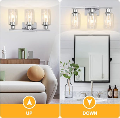 3 Light Vanity Light Fixtures, Polished Chrome Bathroom Wall Sconces, Modern Wall Lights with Clear Glass Shades, Bathroom Wall Lamp over Mirror Kitchen Bedroom Living Room Hallway Cabinet Porch