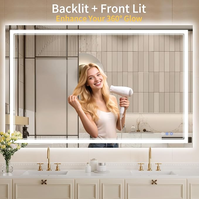 40"x55" LED Bathroom Mirror with Lights, Anti-Fog, Backlit + Front Lit, Dimmable, Led Vanity Mirror for Wall, Lighted Bathroom Mirror, 4 Colors, Shatter-Proof Tempered Glass