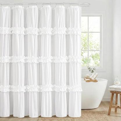 LIPA Boho Rustic White Ruffle Shower Curtain 72x78 Inches | Farmhouse Shower Curtains for Bathroom,Water‑Resistant Fabric Shower Curtain,Bohemian Bathroom Decor