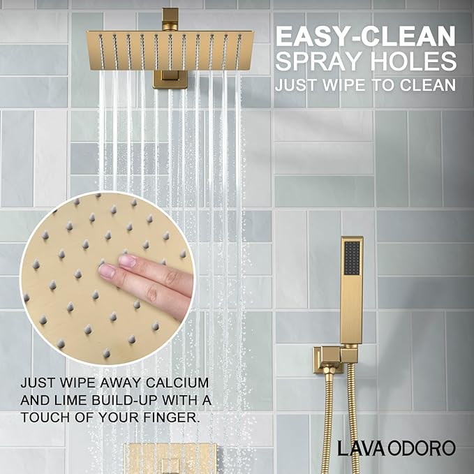 Lava Odoro Modern 2-Setting Square Shower Faucet Set with Shower Head and Handheld Sprayer Gold, Rainfall Shower System with Hand Shower, Shower Valve Trim Kit, Champagne Gold, SF103-CB