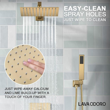 Lava Odoro Modern 3-Setting Square Shower and Tub Faucet Set with Shower Head and Handheld Sprayer Gold, Rainfall Shower System with Tub Spout, Shower Valve Trim Kit, Champagne Gold, SF103-CB-T