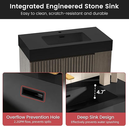 36" Bathroom Vanity with Sink, Freestanding Single Sink Bathroom Vanity with Black Engineered Stone Top & Open Side Storage, Soft-Closing Doors with Adjustable Shelf, Smoked Oak Brown