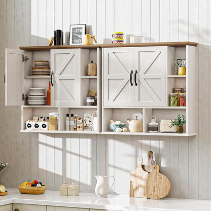 Bathroom Wall Cabinet, Farmhouse Medicine Cabinet with Double Barn Door and Adjustable Wood Shelf, Over The Toilet Storage Cabinet for Wall Mounted for Bathroom Laundry Room Kitchen (White and Brown)