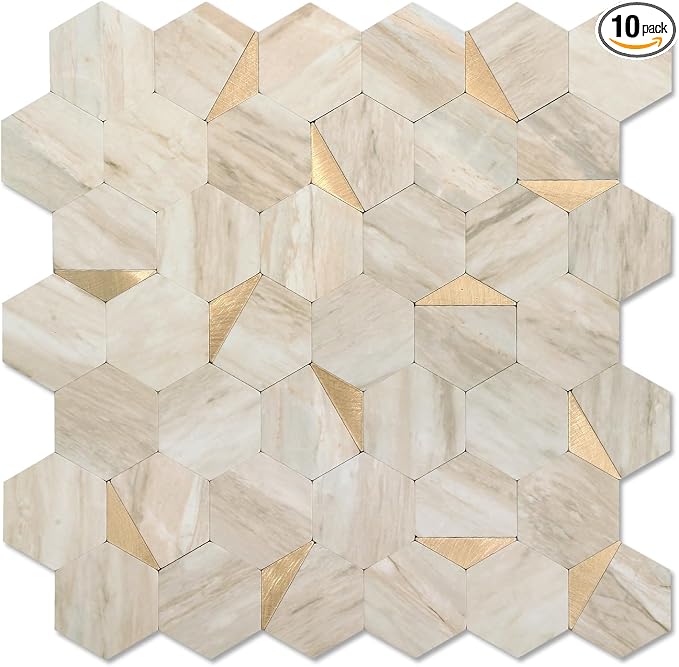 Hexagon Peel and Stick Backsplash for Kitchen Wall, 10 Sheets Heat Resistant Stick on Backsplash PVC Smart Tiles, 12'' Beige Marble Waterproof Peel and Stick Wall Tiles for Bathroom