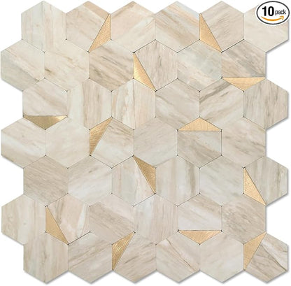 Hexagon Peel and Stick Backsplash for Kitchen Wall, 10 Sheets Heat Resistant Stick on Backsplash PVC Smart Tiles, 12'' Beige Marble Waterproof Peel and Stick Wall Tiles for Bathroom