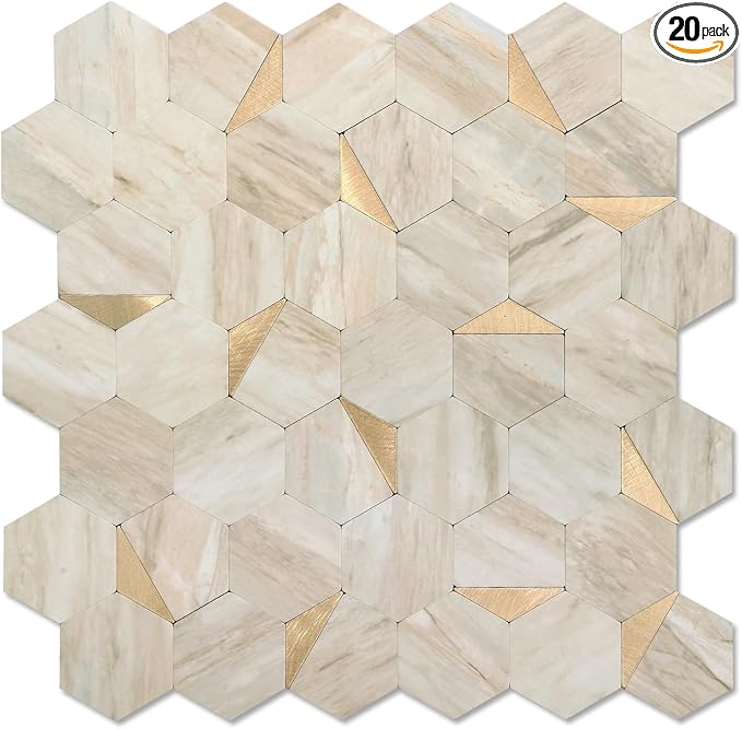 20 Sheets Hexagon Peel and Stick Backsplash for Kitchen Wall, Heat Resistant Stick on Backsplash PVC Smart Tiles, 12'' Beige Marble Waterproof Peel and Stick Wall Tiles for Bathroom