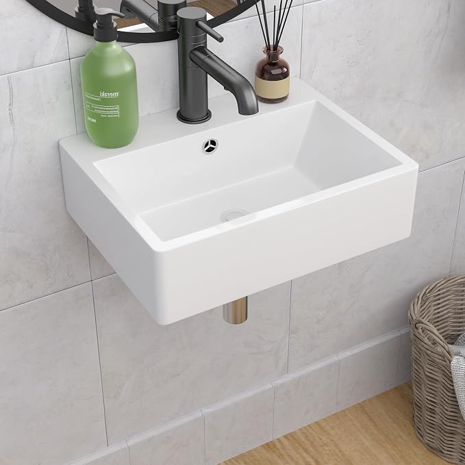 Wall Mount Bathroom Sink 21x16 Inch Rectangle Bathroom Sink | Floating Vessel Sink Rectangle Bathroom Sink Above Counter White Ceramic Basin White Rectangle Porcelain Vessel Sink