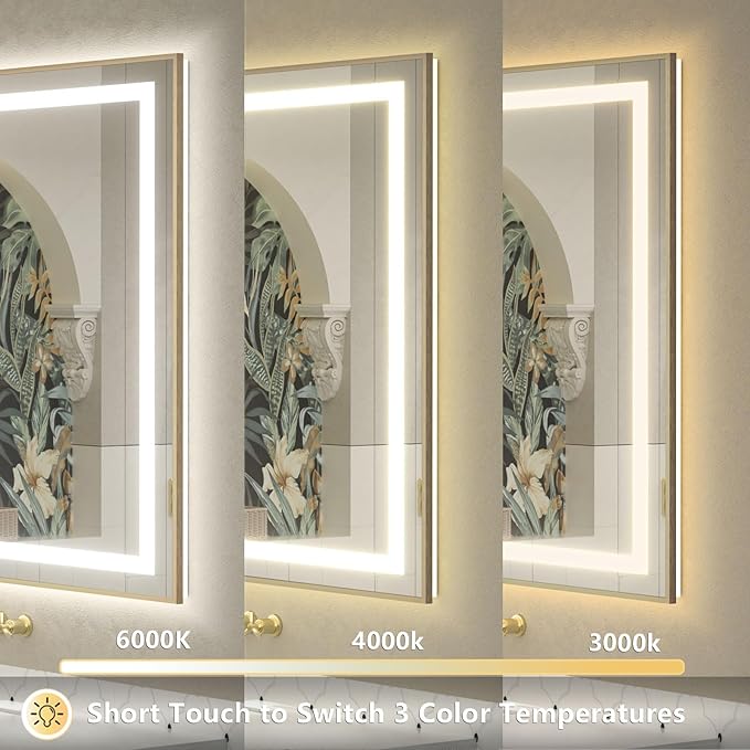 OKPAL Gold LED Bathroom Mirror with Lights, 55x36 Front & Back Light Vanity Framed Mirror, Anti-Fog, Dimmable, 3 Colors, Shatterproof, ETL Listed, Horizontal/Vertical