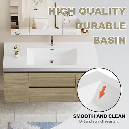 Floating Vanity Bathroom, 48 Inch Bathroom Vanity with Sink, Wall Mounted Single Sink Bathroom Vanity, Soft Closed 2 Drawers, Integrated Sink (Natural Oak)