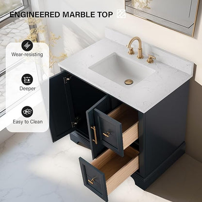 HOMEBEYOND 36 Inch Bathroom Vanity with Single Sink & Ceramic Top, Vanity Cabinet with Center Countertop Basin, Soft-Closing Doors, Backsplash, Vintage Spruce Blue