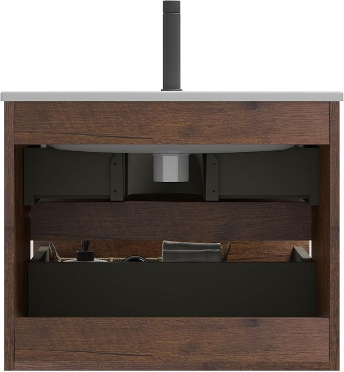 24" Bathroom Vanity with Sink, Modern Floating Vanity with Double Soft Closing Drawers, Large Storage for Small Space, Walnut, Fully Assembled - Iris Collection