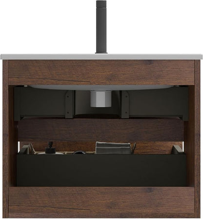 24" Bathroom Vanity with Sink, Modern Floating Vanity with Double Soft Closing Drawers, Large Storage for Small Space, Walnut, Fully Assembled - Iris Collection