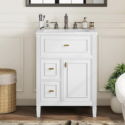 24" Modern Bathroom Vanity with Ceramic Sink, Solid Wood Frame Freestanding Storage Cabinet w/2 Drawers & Tilt-Out Drawer, Door Rack & Adjustable Shelf, Golden Metal Handles, White