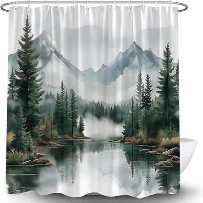 Green Misty Forest Shower Curtain Mountain Foggy Pine Trees Landscape Watercolor Jungle Plant Rustic Nature Scenery Lake Fabric Bathroom Curtain Set with Hook