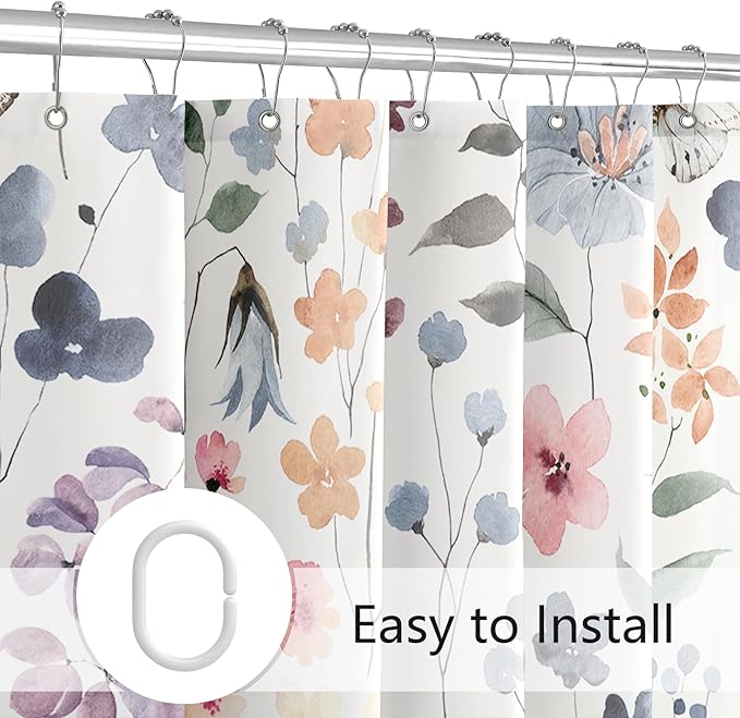 Cute Floral Shower Curtain, Colorful Flower Fabric Shower Curtains for Bathroom, Botanical Leaf Wildflower Bath Curtain Boho Vintage Rustic Trendy Cloth Shower Curtain Set, Ivory, 72x72
