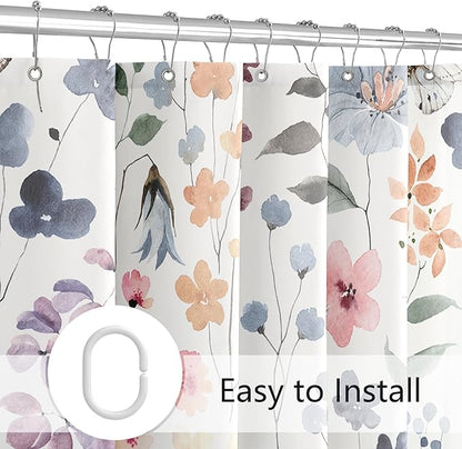 Extra Long Shower Curtain 72 x 96 Inch, Floor to Ceiling X-Long Floral Shower Curtain, Colorful Watercolor Wildflower Vintage Rustic Trendy Fabric Shower Curtain Set with Hooks, Ivory