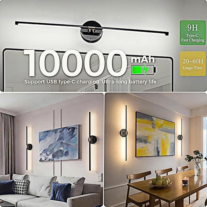 Battery Operated Wall Sconce Set of 2: 10000mAh Wireless Sconces Rechargeable Wall Lights with Touch and Remote, 360° Rotate Cordless Wall Lamp for Bedroom Living Room Hallway, 31.5 Inch, Black