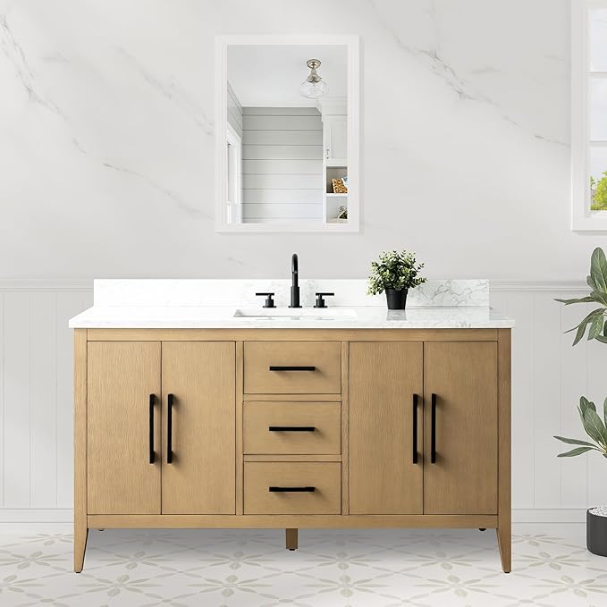 HomeBeyond 60 Inch Bathroom Vanity with Sink & Ceramic Top, Single Vanity Cabinet with Basin, Soft-Closing Doors & Matte Black Hardware, Natural Oak