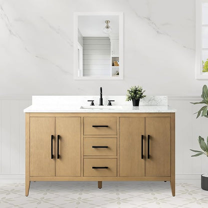 HomeBeyond 60 Inch Bathroom Vanity with Sink & Ceramic Top, Single Vanity Cabinet with Basin, Soft-Closing Doors & Matte Black Hardware, Natural Oak