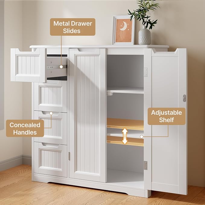 Gizoon Storage Cabinet, Bathroom Storage Cabinet with 4 Drawers & 2 Doors | Freestanding Floor Cabinet with Adjustable Shelf, Ample Storage Space for Bathroom, Kitchen, Living Room, Entryway, White
