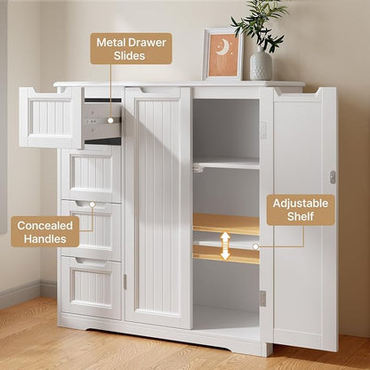 Gizoon Storage Cabinet, Bathroom Storage Cabinet with 4 Drawers & 2 Doors | Freestanding Floor Cabinet with Adjustable Shelf, Ample Storage Space for Bathroom, Kitchen, Living Room, Entryway, White
