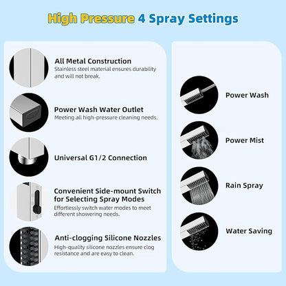 Hibbent All Metal cUPC Certified Shower Head, 8'' High Pressure Rainfall Shower Head, Showerhead Combo, Handheld Shower Wand, 12'' Adjustable Extension Arm, 4-Spray, 71'' Hose, Shower Holder, Chrome