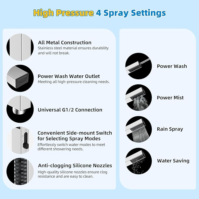 Hibbent All Metal cUPC Certified Shower Head, 10'' High Pressure Rainfall Shower Head, Showerhead Combo, Handheld Shower Wand, 12'' Adjustable Extension Arm, 4-Spray, 71'' Hose, Shower Holder, Chrome