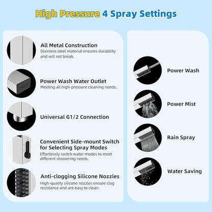 Hibbent All Metal cUPC Certified Shower Head, 10'' High Pressure Rainfall Shower Head, Showerhead Combo, Handheld Shower Wand, 12'' Adjustable Extension Arm, 4-Spray, 71'' Hose, Shower Holder, Chrome