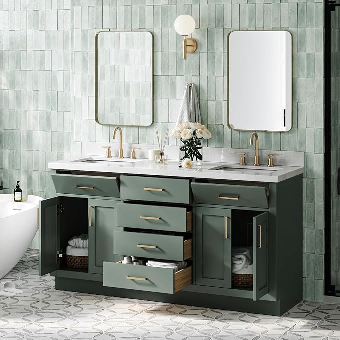 ARIEL Hepburn 67 Inch Double Rectangle Sink Bathroom Vanity with Pure White Quartz Countertop 1.5 Inch in Vintage Green