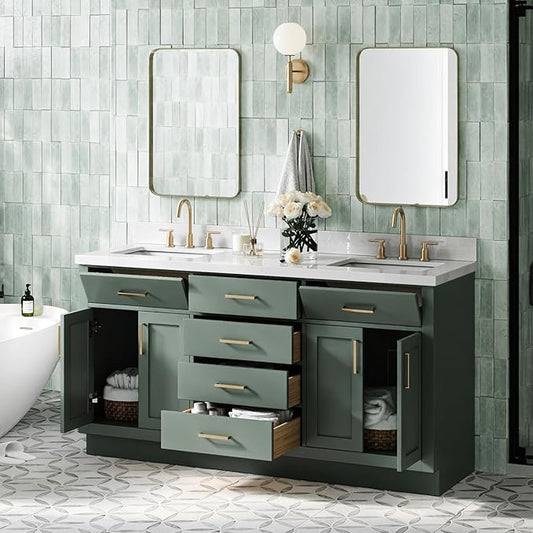ARIEL Hepburn 67 Inch Double Rectangle Sink Bathroom Vanity with Pure White Quartz Countertop 1.5 Inch in Vintage Green