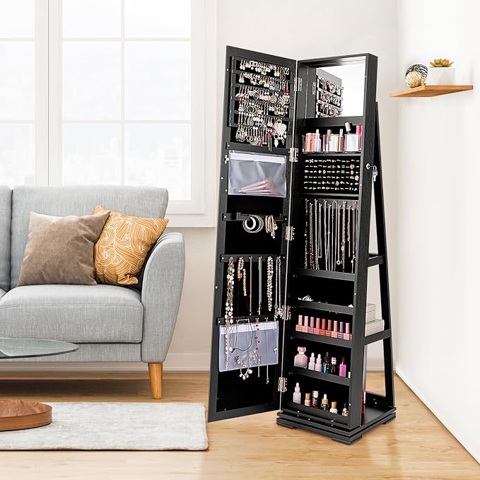 COSTWAY 360 Rotating Jewelry Armoire Cabinet, Standing Jewelry Organizer w/Full-Length Mirror & Large Storage Space, Lockable Mirror Jewelry Cabinet for Girls Women (Black)