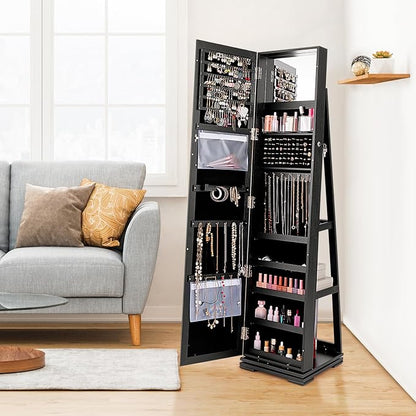 LOKO 360° Rotating Jewelry Armoire, Freestanding Jewelry Cabinet with Inside Makeup Mirror, 2-in-1 Lockable Jewelry Organizer w/Full-Length Mirror for Girls Women (Black)