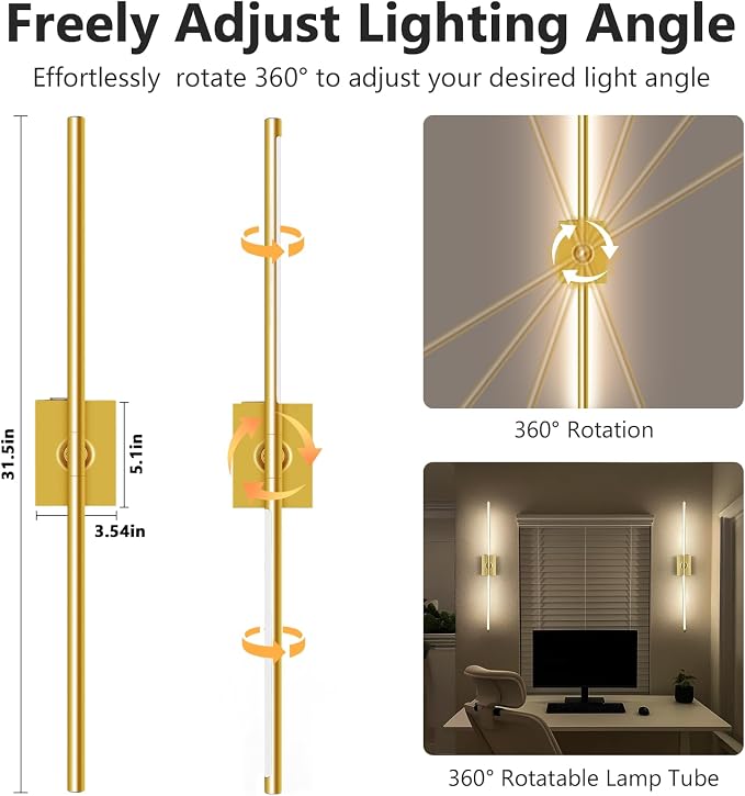Eneru Battery Operated Wall Sconce 1 Pack, Gold Wireless Wall Light 31.5in | Rechargeable 10000mAh, Touch and Remote Control, 360° Rotate, 4CCT Dimmable, Wall Lamp for Living Room Bedroom Hallway