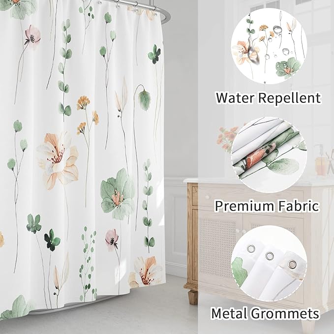 Sage Green Beige Watercolor Floral Fabric Shower Curtain, 72x84 | Waterproof Fabric, Modern Minimalist Floral Print, Machine Washable, Rustproof Grommets, for Bathroom Home, Extra Long