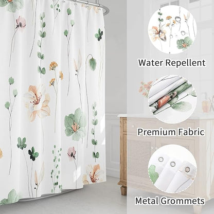 Sage Green Beige Watercolor Floral Fabric Shower Curtain, 72x84 | Waterproof Fabric, Modern Minimalist Floral Print, Machine Washable, Rustproof Grommets, for Bathroom Home, Extra Long