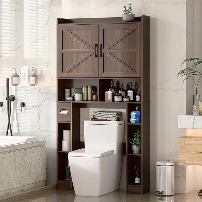 Vabches Over The Toilet Storage Cabinet with Barn Doors, Espresso | Toilet Cabinet Rack, Space Saving Bathroom Organizer with Shelves, Toilet Paper Holder and Towel Rack for Bathroom,Laundry.