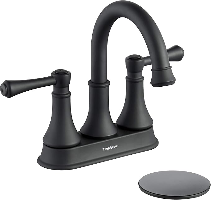 Matte Black Bathroom Sink Faucet for 3 Holes with Pop-up Drain | High Arc Modern 2 Handle 4 Inch Bathroom Faucet, Vanity Lavatory Faucet with 360° Swivel Stainless Steel Spout, TAF067Y-MB